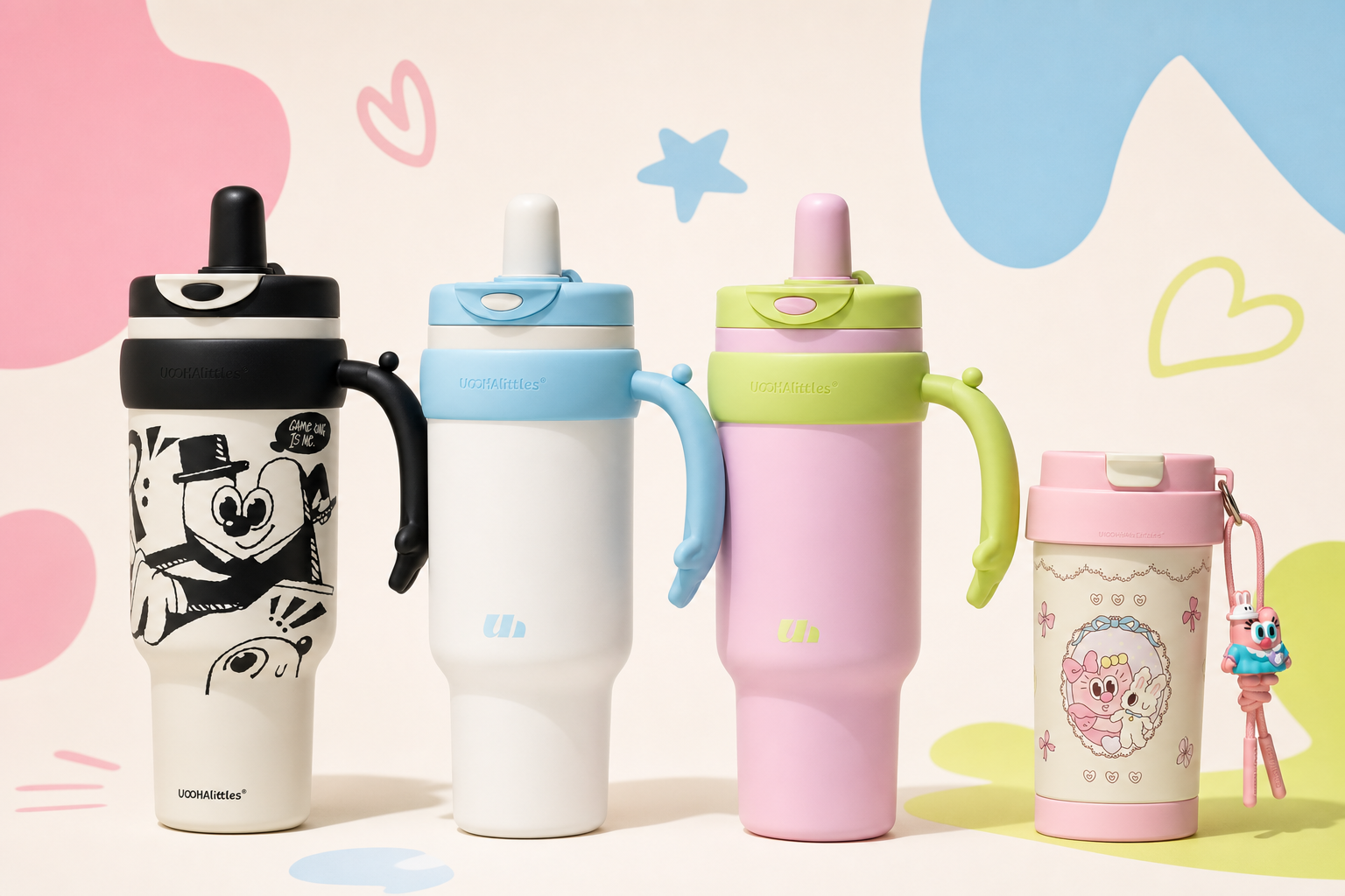 Four colorful Uooha character cups